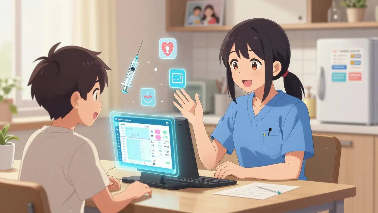 Care coordinator video-calls a patient receiving an injection at home, real-time health data floating nearby.