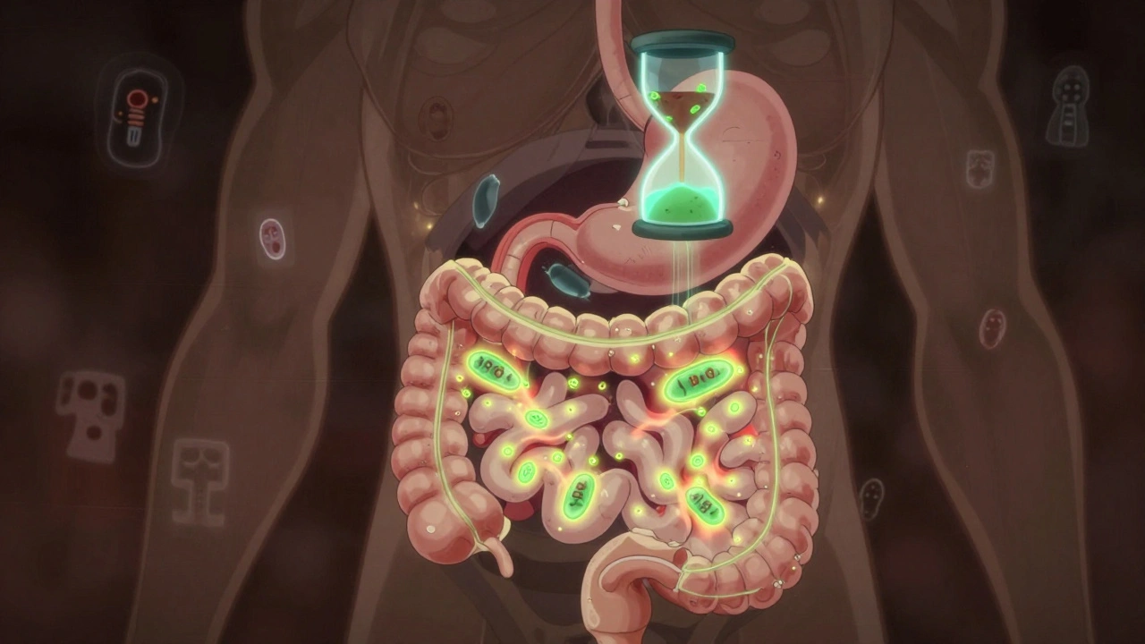 Cross-section of digestive tract showing chaotic movement, bloating, and bacterial overgrowth in autonomic neuropathy.