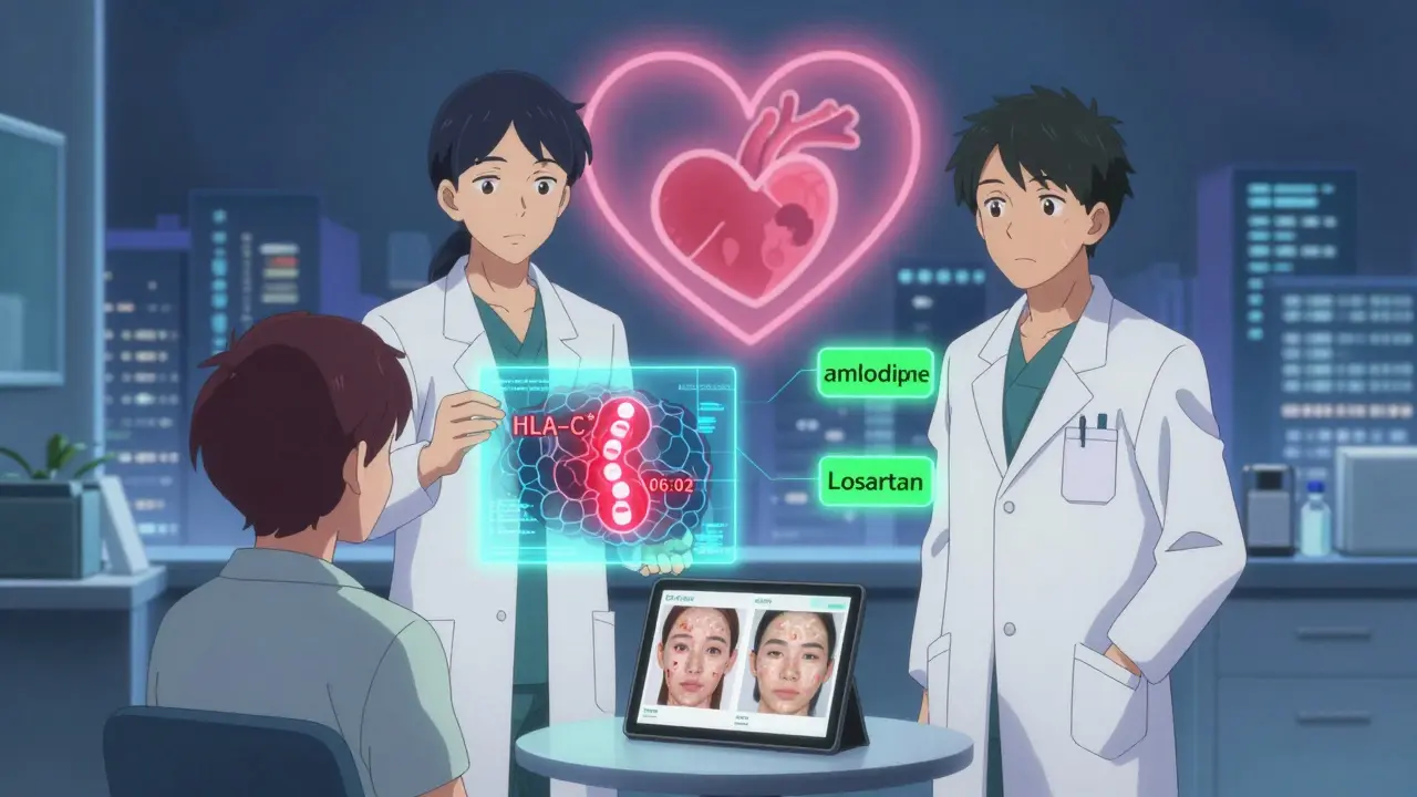 Dermatologist and cardiologist reviewing genetic map with patient, safe medications glowing beside them.