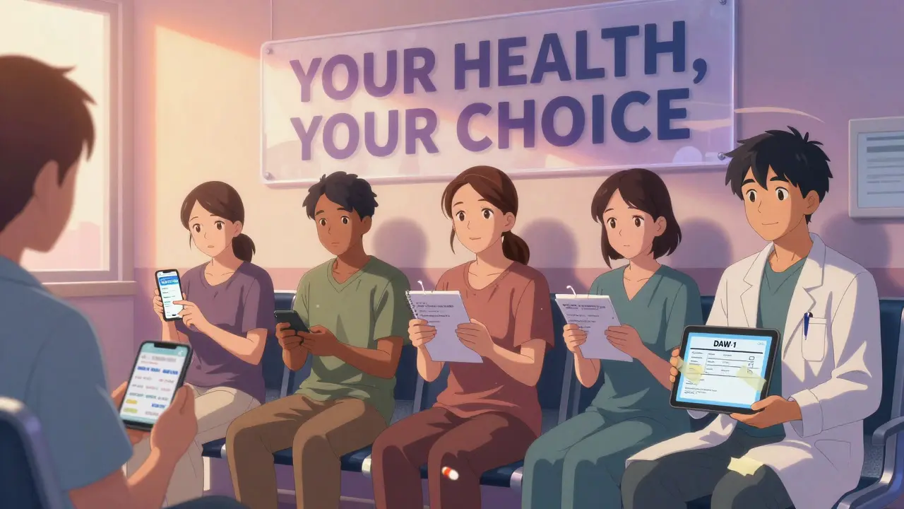 Diverse patients in clinic holding prescriptions and tools, symbolizing informed healthcare choices.