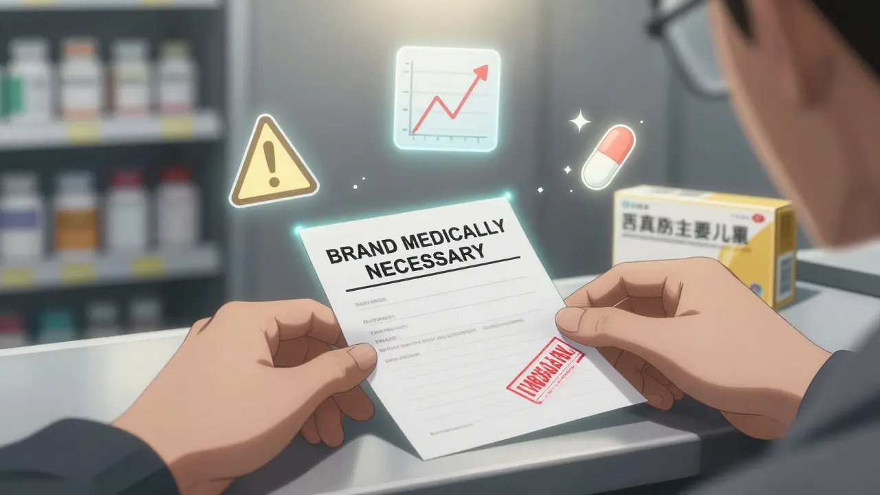 Doctor's note reading 'Brand Medically Necessary' placed on pharmacy counter with glowing medication icons.