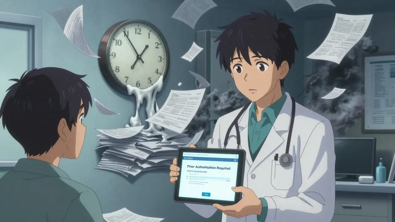 Doctor and patient in clinic, surrounded by swirling paperwork and a prior authorization alert.