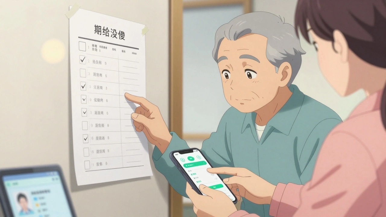 Elderly person and family member using a large-print checklist and simple app to track health symptoms.