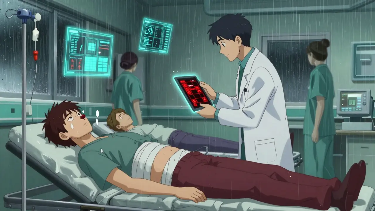ER scene with two bleeding patients and doctor checking warning alerts on tablet