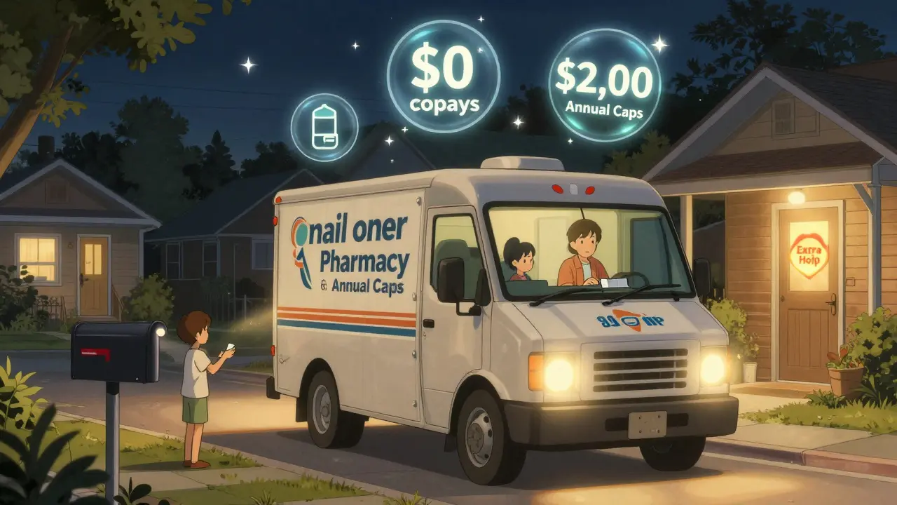 Family receives mail-order medication at night, glowing Extra Help badge on their door.