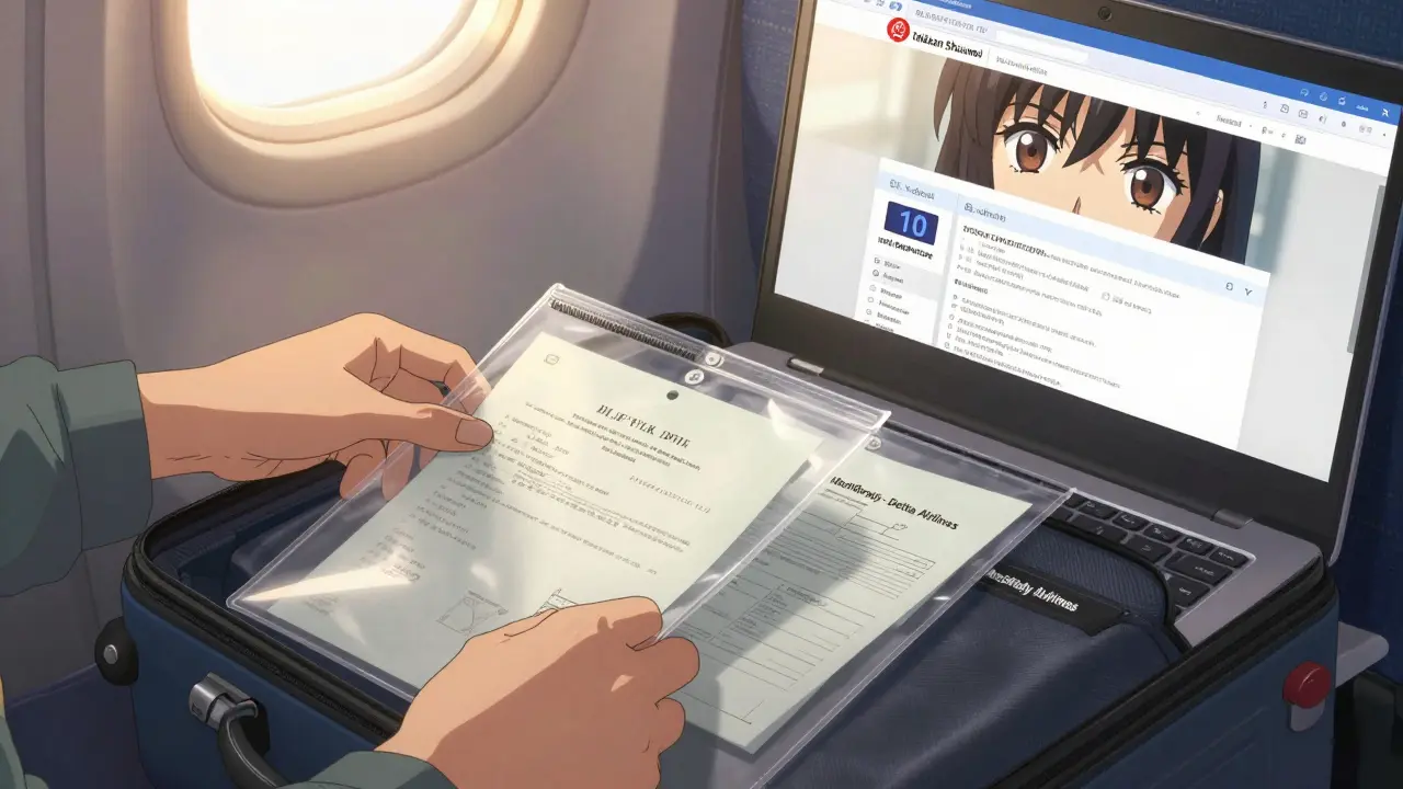 Hands organizing medical documents and digital permit application for international travel.