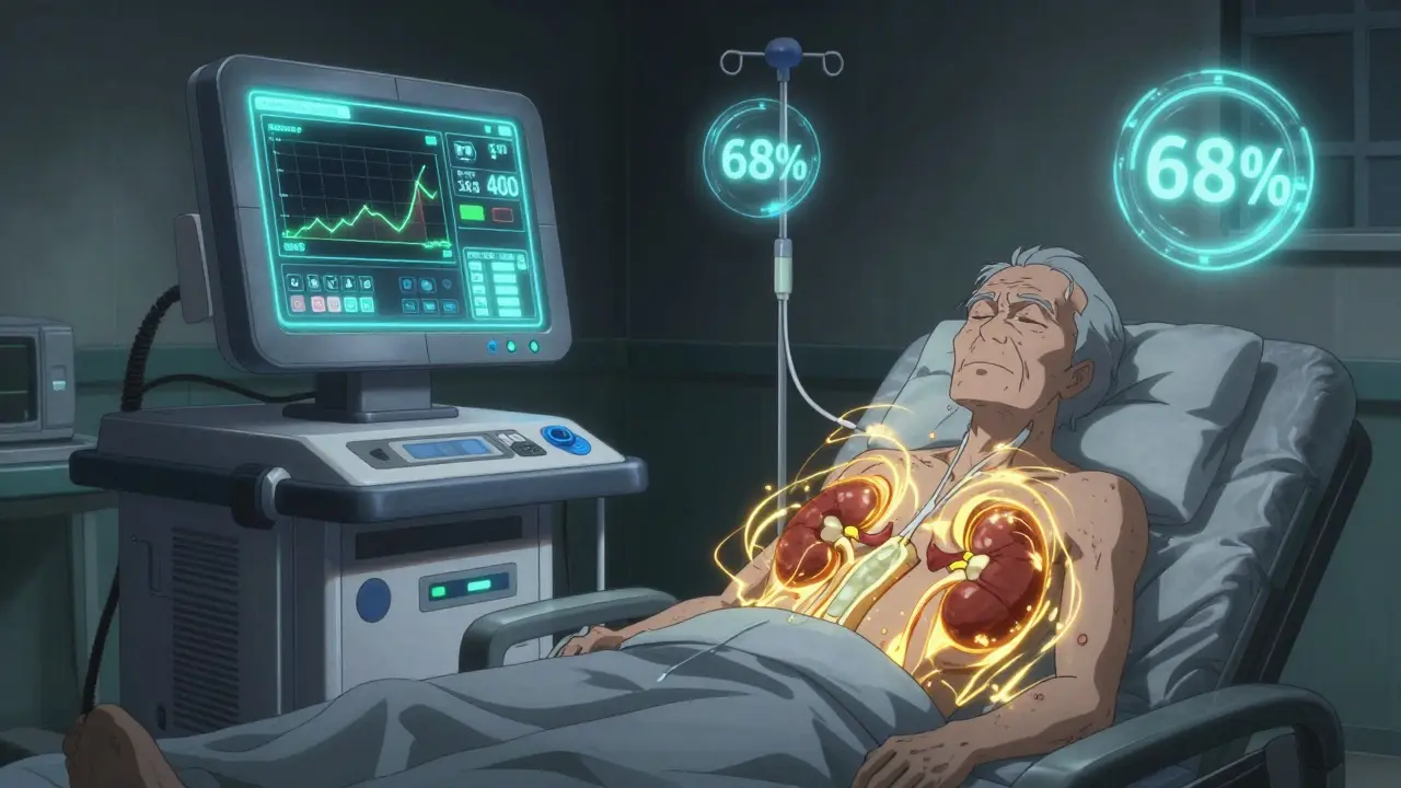 High-tech RenalGuard machine monitoring urine output with glowing fluid streams around a patient's kidneys.