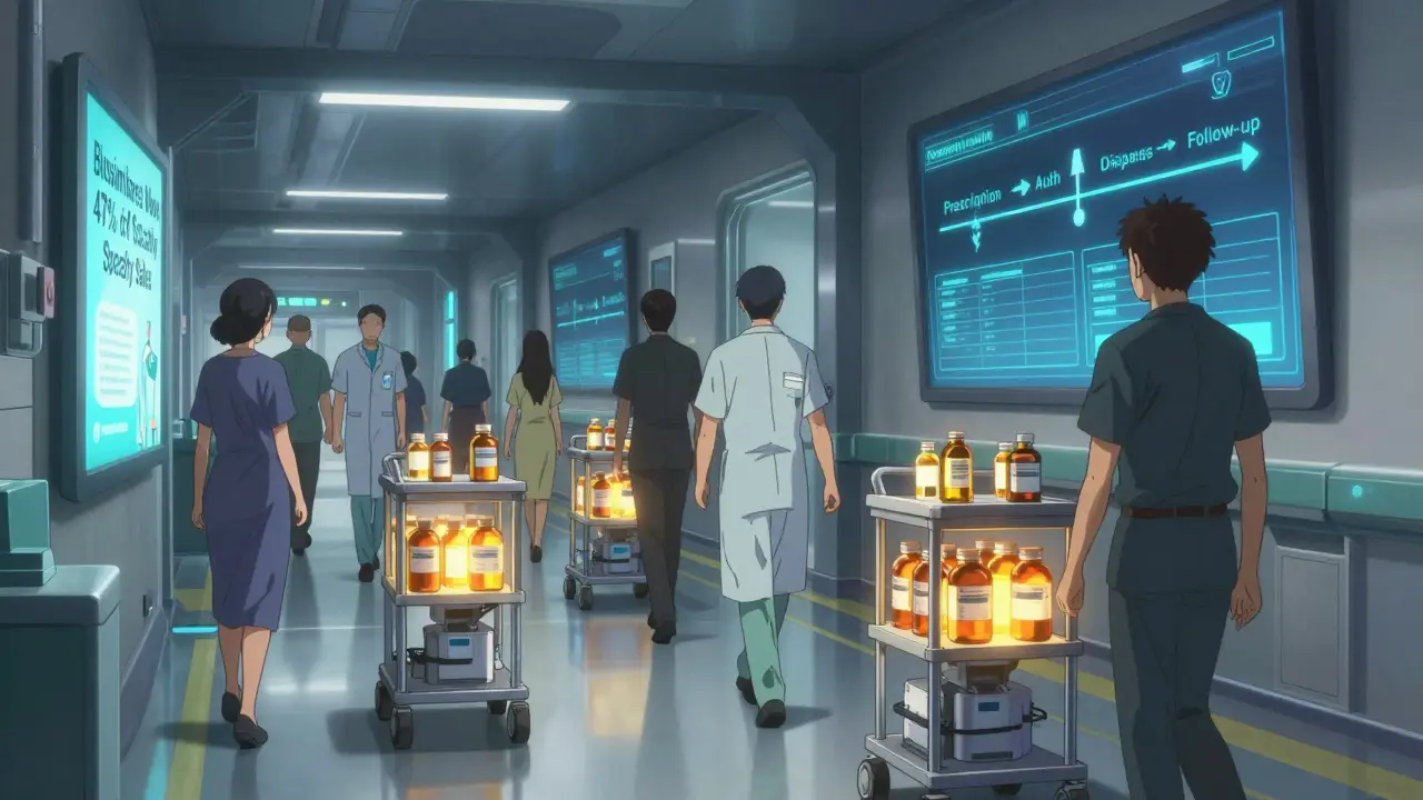 Hospital hallway with robotic carts delivering specialty drugs, patients and providers walk beside glowing containers.