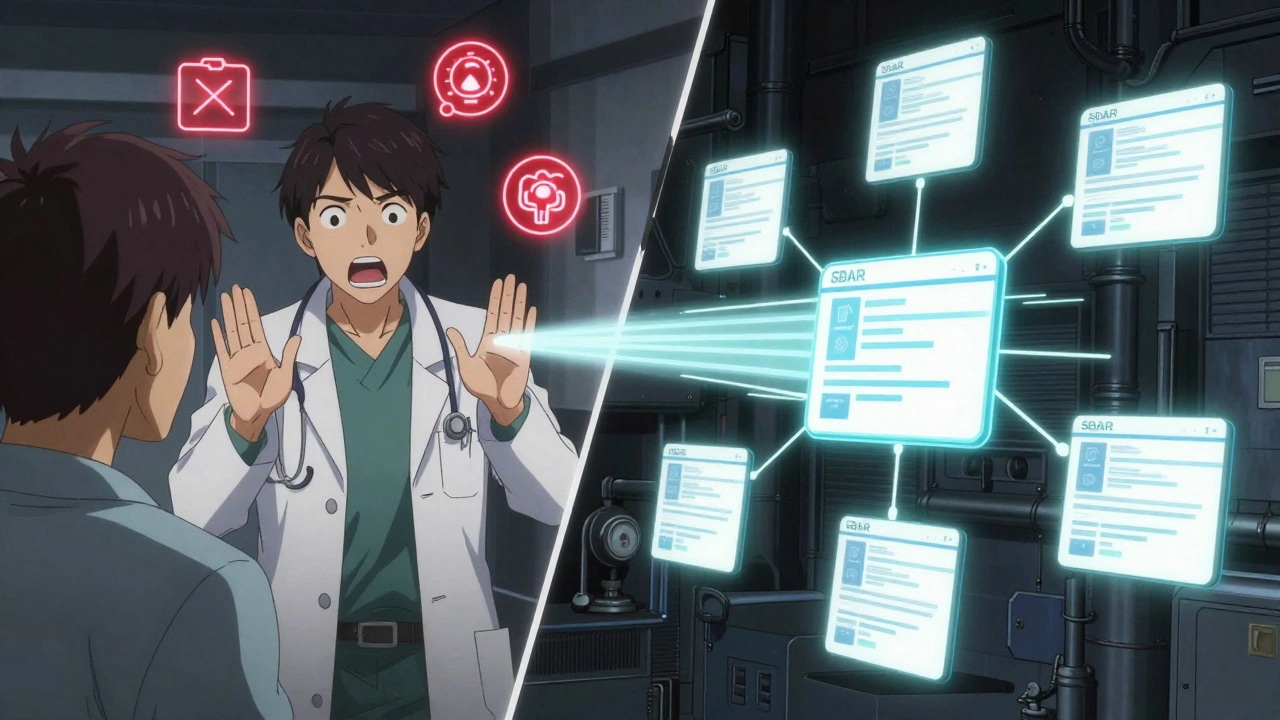 Patient communicating with doctor using SBAR method while connected to a network of patient reports.