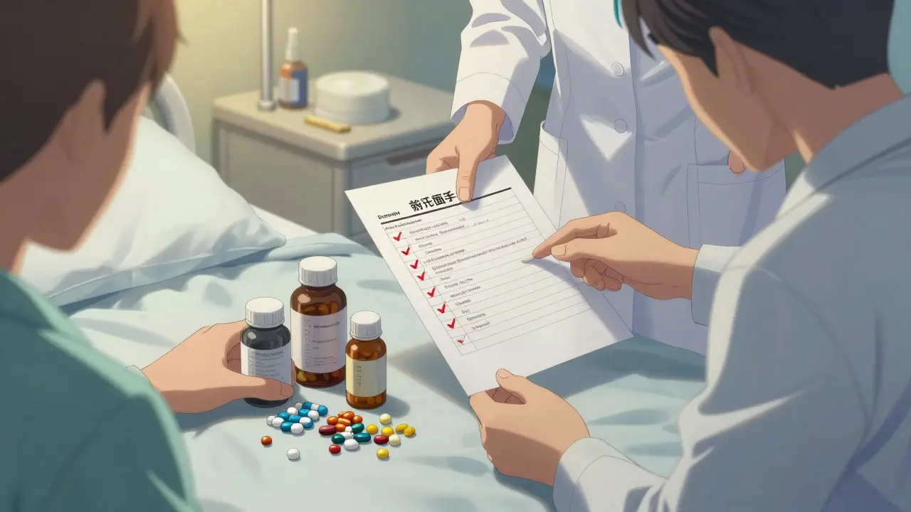 Patient placing all medications on bed while pharmacist and nurse review discharge instructions.