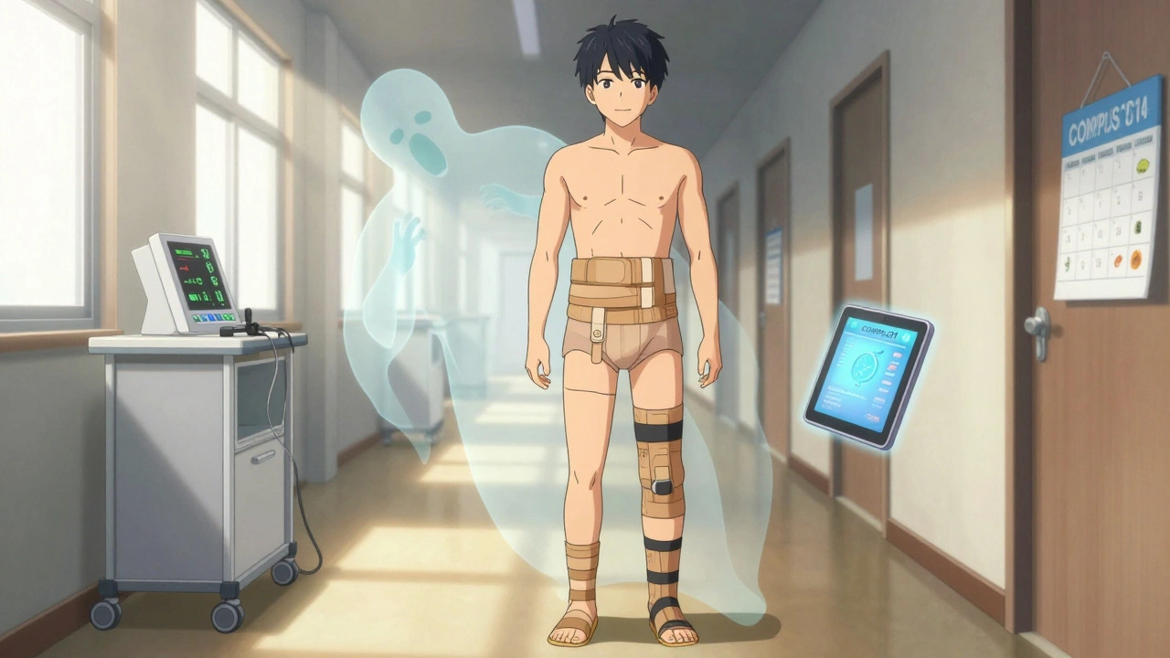 Patient wearing compression gear standing strong while ghostly past collapse fades behind them, symbolizing improved stability.