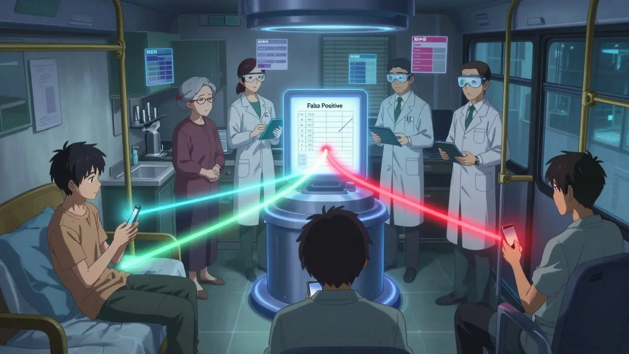 Patients using smartphones whose posts connect to an AI hub monitored by specialists, with one red signal indicating a false alarm.