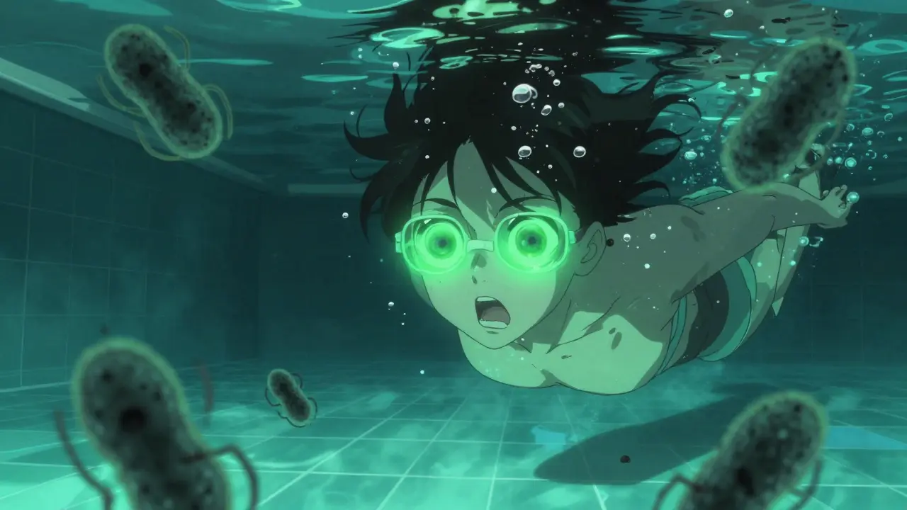 Person swimming with contact lenses, surrounded by dangerous microorganisms in pool water.