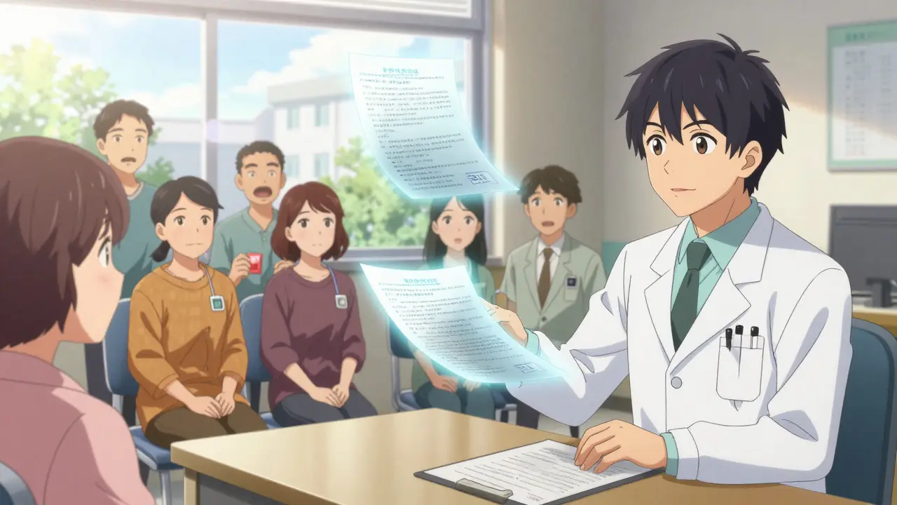 Pharmacist and doctor signing a collaborative agreement as patients wait outside.