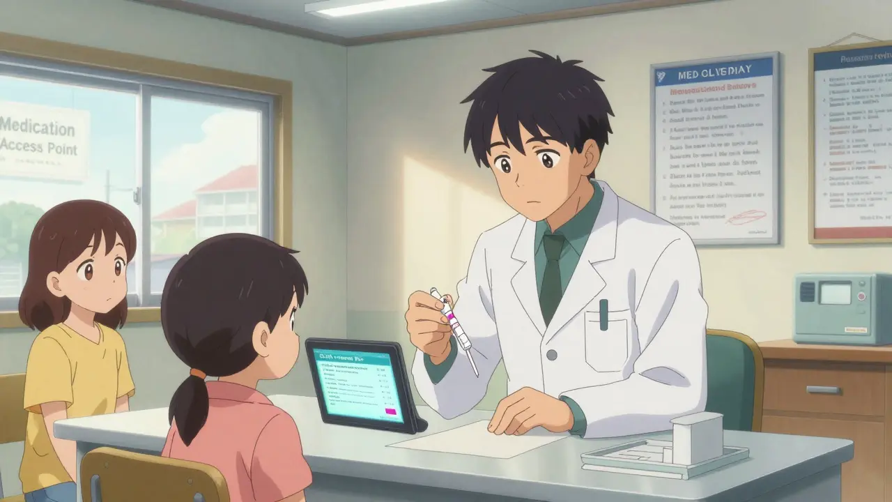 Pharmacist performing a rapid strep test on a child in a rural clinic.