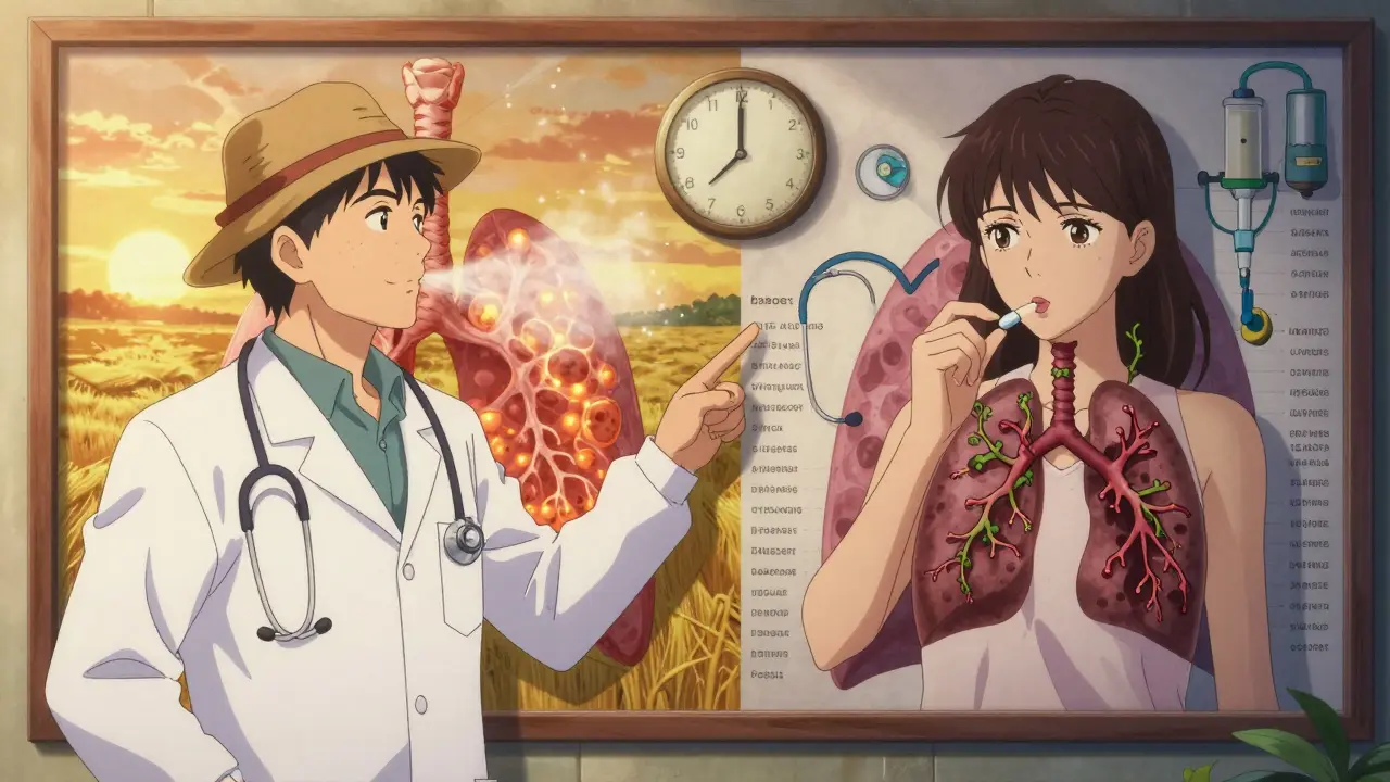 Pulmonologist explaining lung damage from mold exposure versus medication side effects on a mural.