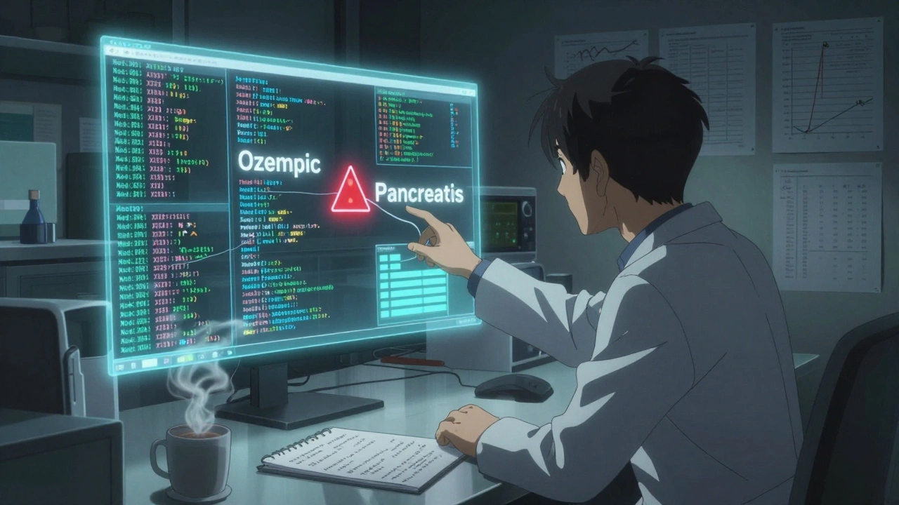 Researcher analyzing MedDRA codes and XML data streams in a dim lab with statistical visualizations.