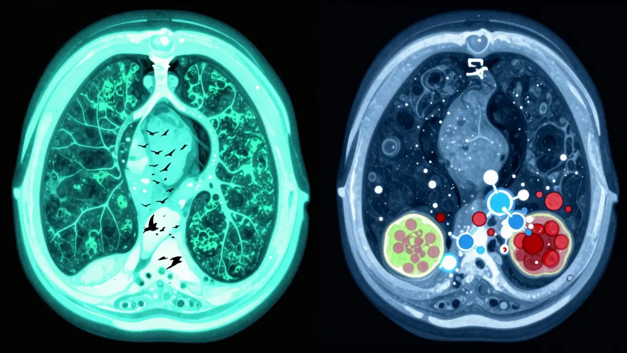 Split lung CT scan showing environmental vs. drug-induced lung injury patterns in glowing anime style.