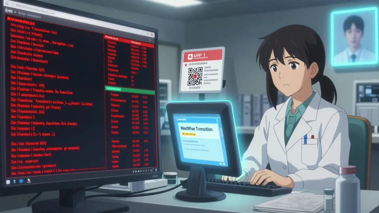 Split scene: chaotic EHR system vs. calm pharmacist using AI tool to prevent medication error.