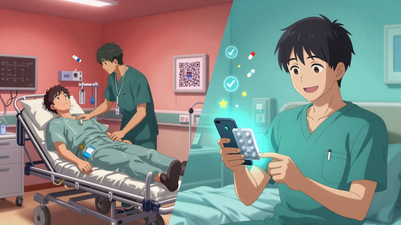 Split scene: chaotic ER on left, calm home with smart blister pack on right, showing medication safety transformation.