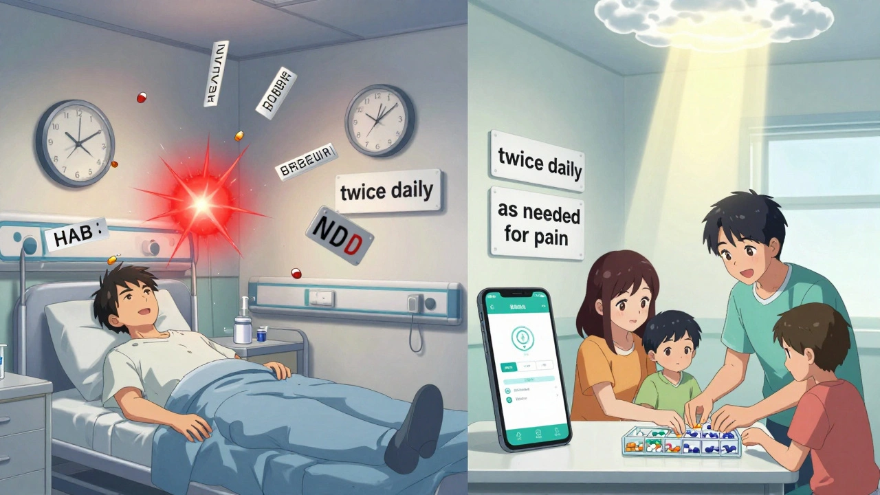 Split scene: chaotic medication errors on one side, calm clear dosing instructions on the other, with a smartphone reminder.
