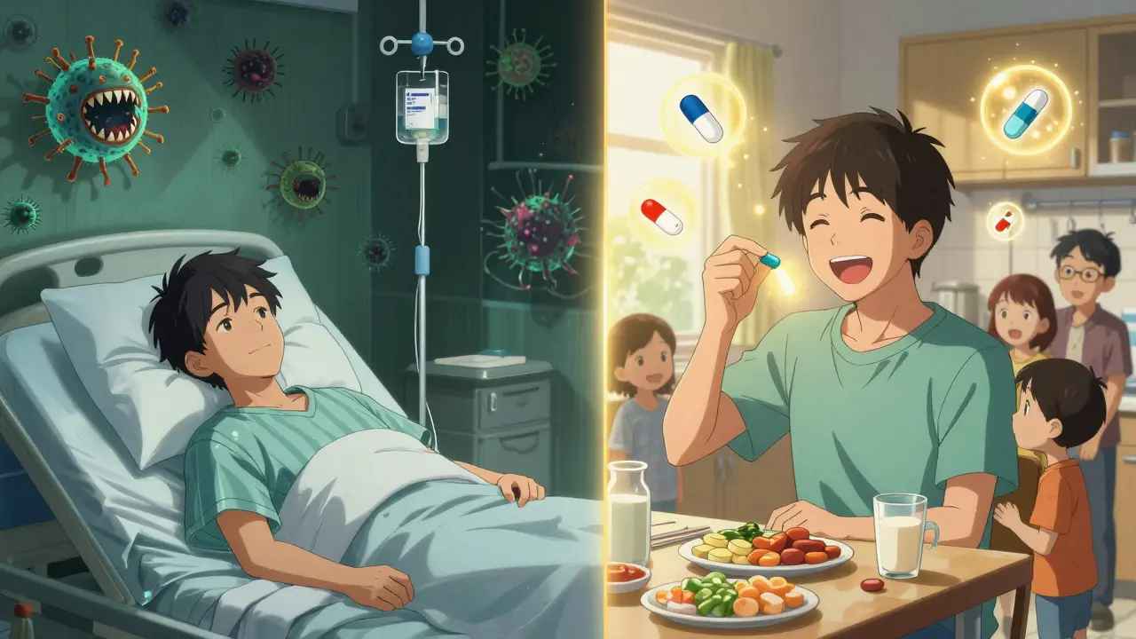 Split scene: dangerous vancomycin treatment vs. safe penicillin use at home with family.