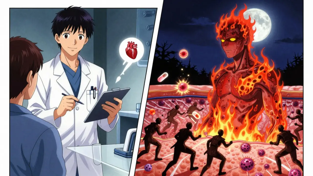 Split scene: doctor prescribing beta-blocker vs. same patient with severe skin flare under moonlight.