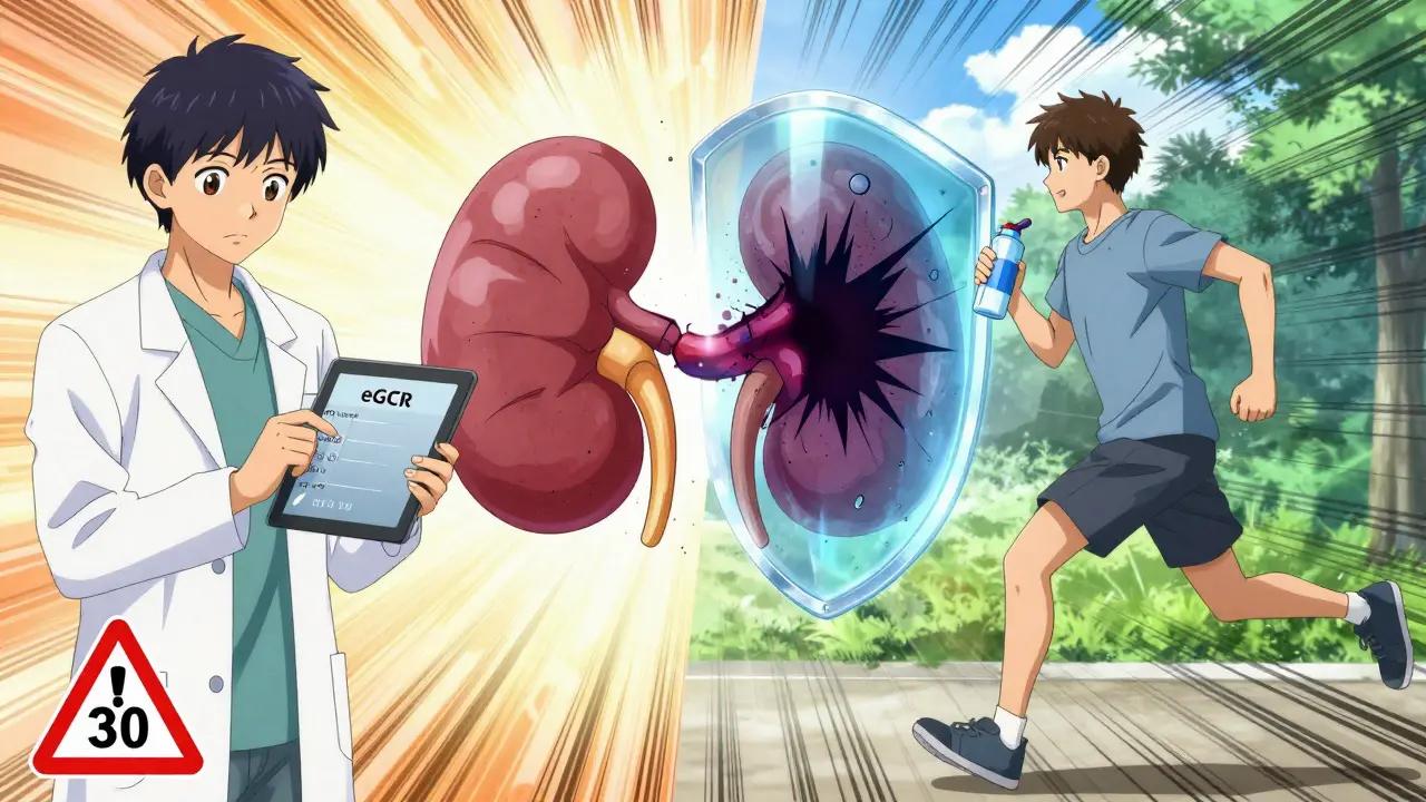 Split scene: doctor sees low kidney function warning while healthy patient avoids contrast damage.