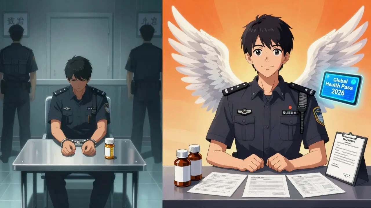 Split scene: traveler detained vs. confidently cleared with proper medication documentation.