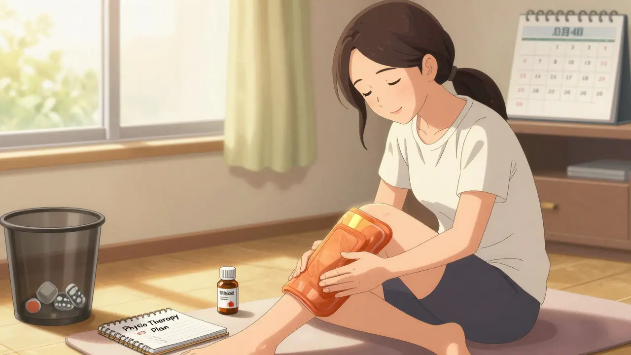 Woman using heating pad and stretching at home, acetaminophen bottle visible, sunlight streaming in