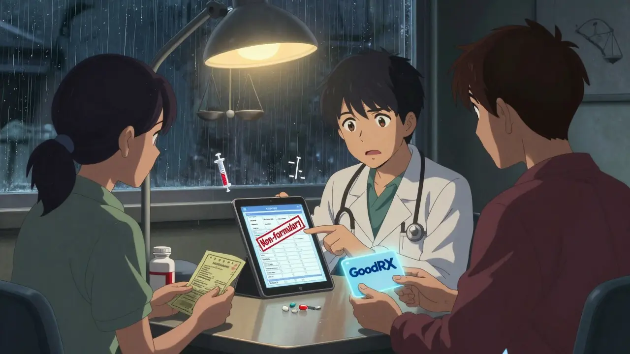 A doctor and patient reviewing a formulary on a tablet, with a non-formulary drug marked in red.