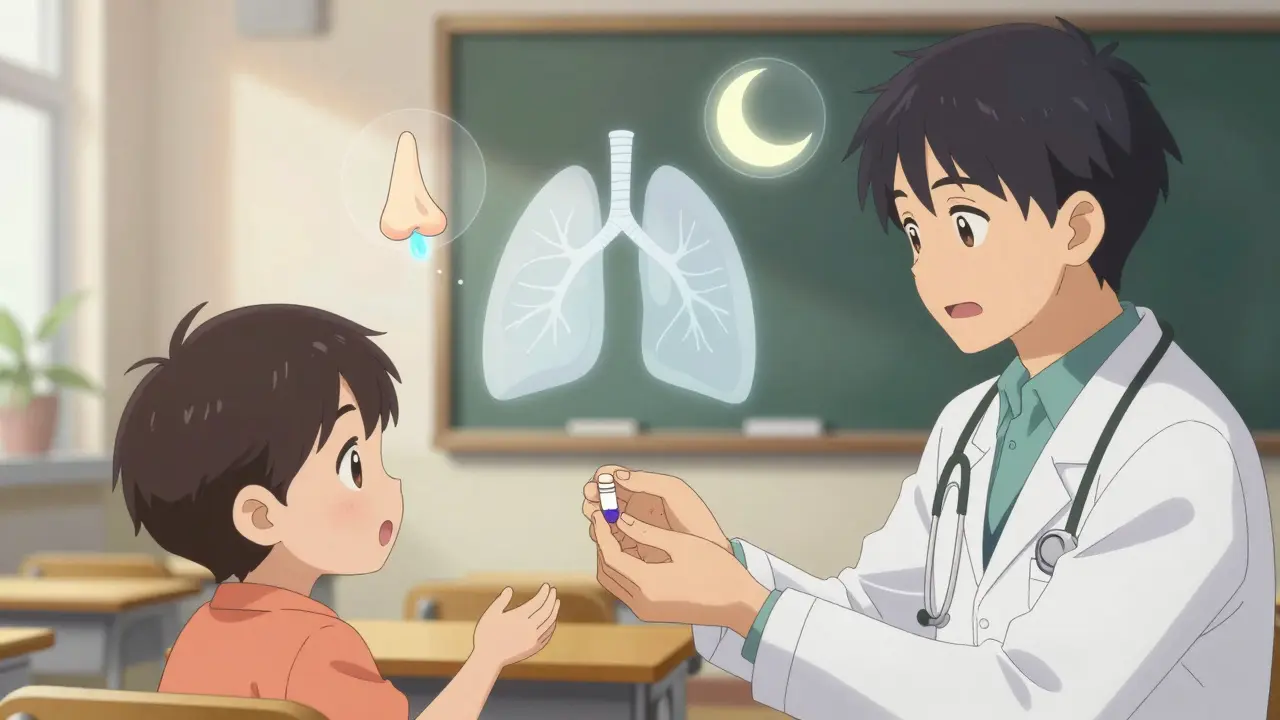 A doctor gives a chewable montelukast tablet to a child, with floating icons of open lungs, clear nose, and moon symbolizing nighttime treatment.
