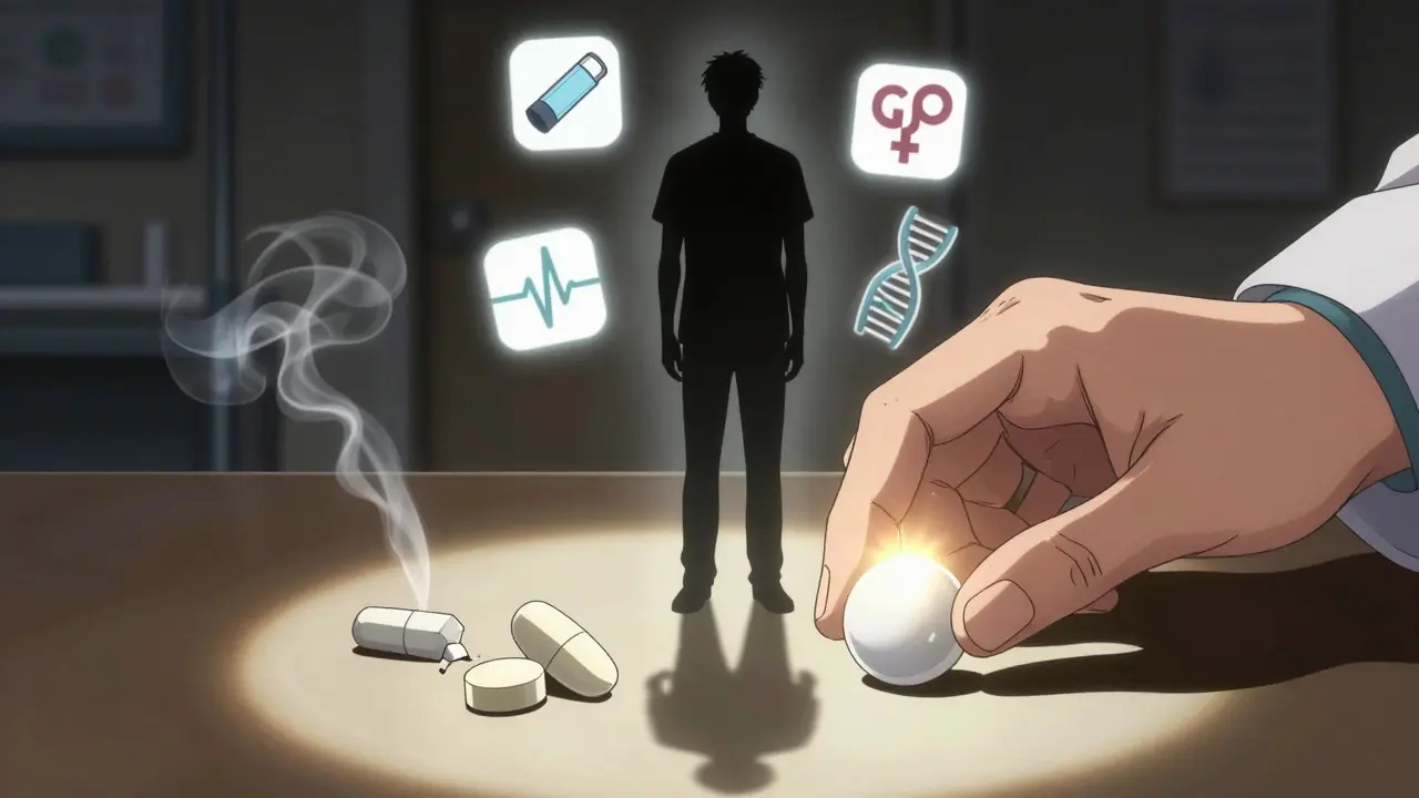 A doctor placing three different beta-blocker pills on a table, each with symbolic icons representing patient conditions.
