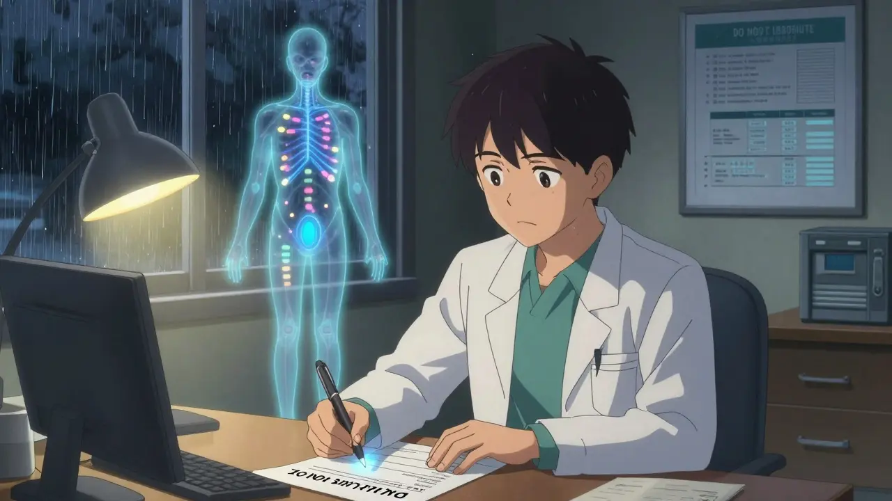 A doctor writing 'DO NOT SUBSTITUTE' on a prescription as bio-absorption waves show differences between generic and brand drugs.