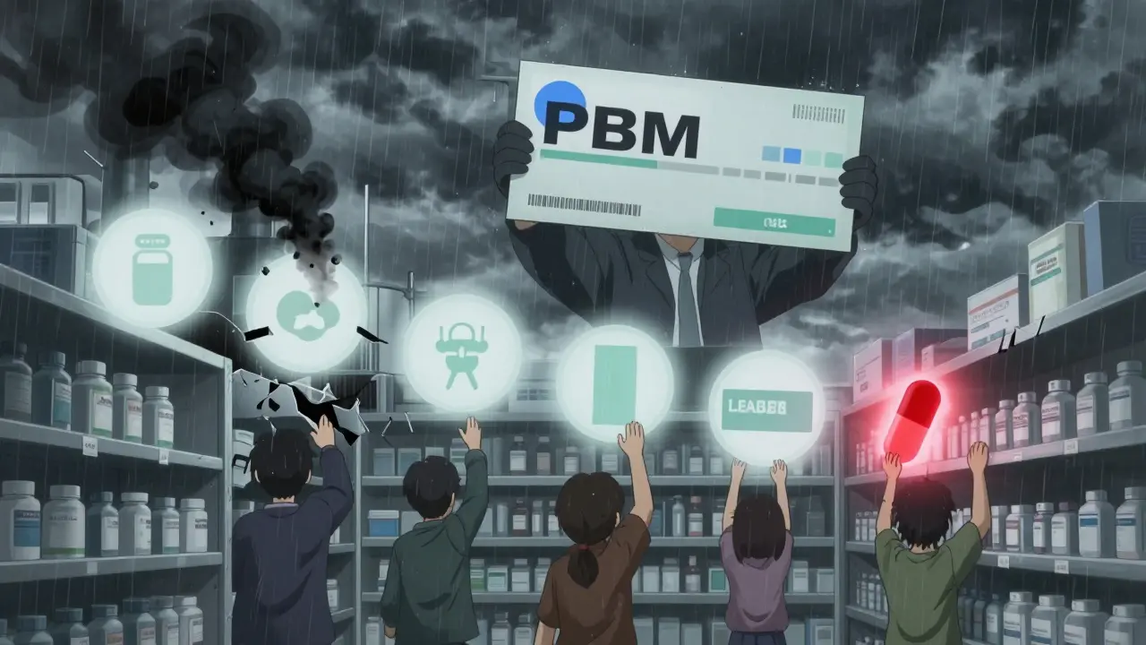 A factory contamination causes multiple generic drugs to vanish from shelves, while a PBM looms large above desperate patients.