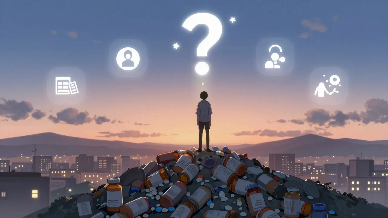 A figure stands on a mountain of pill bottles, holding a glowing pill as light spreads to hospitals.