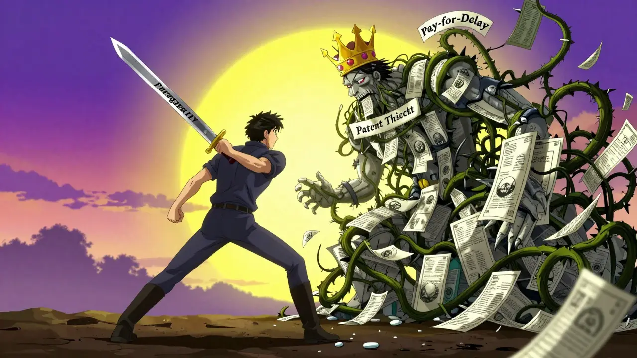 A generic drug champion battles a patent thicket monster with overlapping patents, symbolizing corporate obstruction.