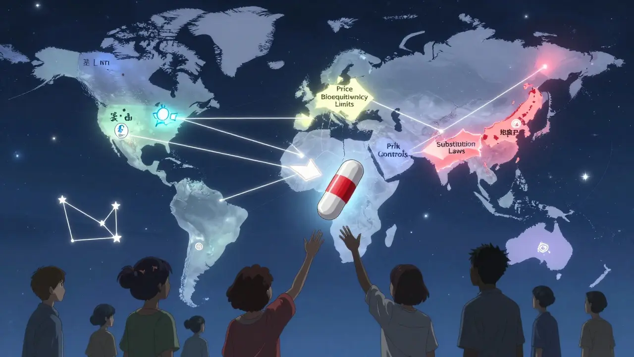 A global map with regulatory threads connects patients reaching for a cracking pill at its center.
