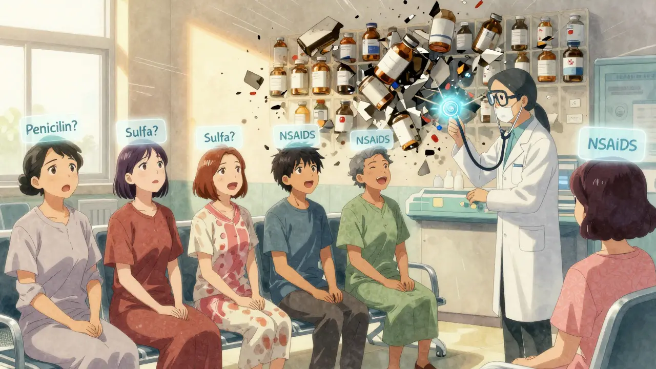 A group of patients in a hospital as their drug allergy labels are erased by a pharmacist with a stethoscope.