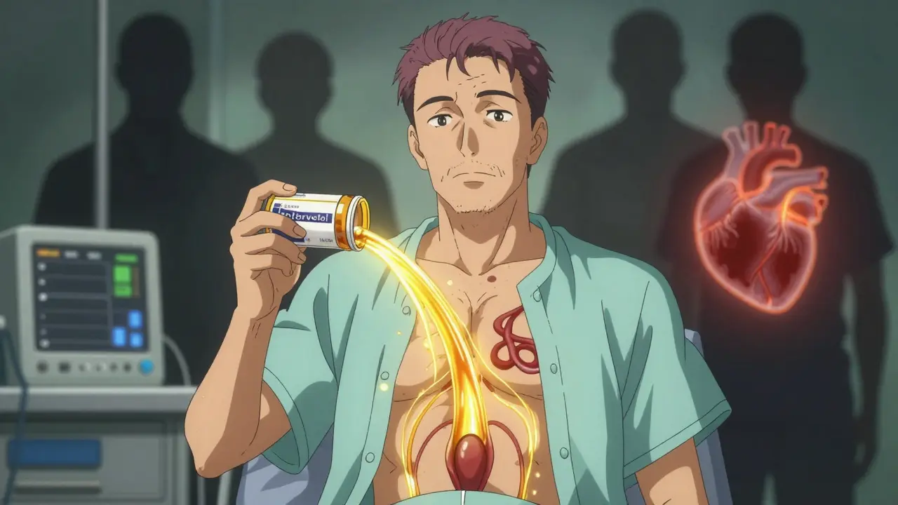 A man receiving golden nitric oxide streams from nebivolol, symbolizing improved blood flow and sexual function.