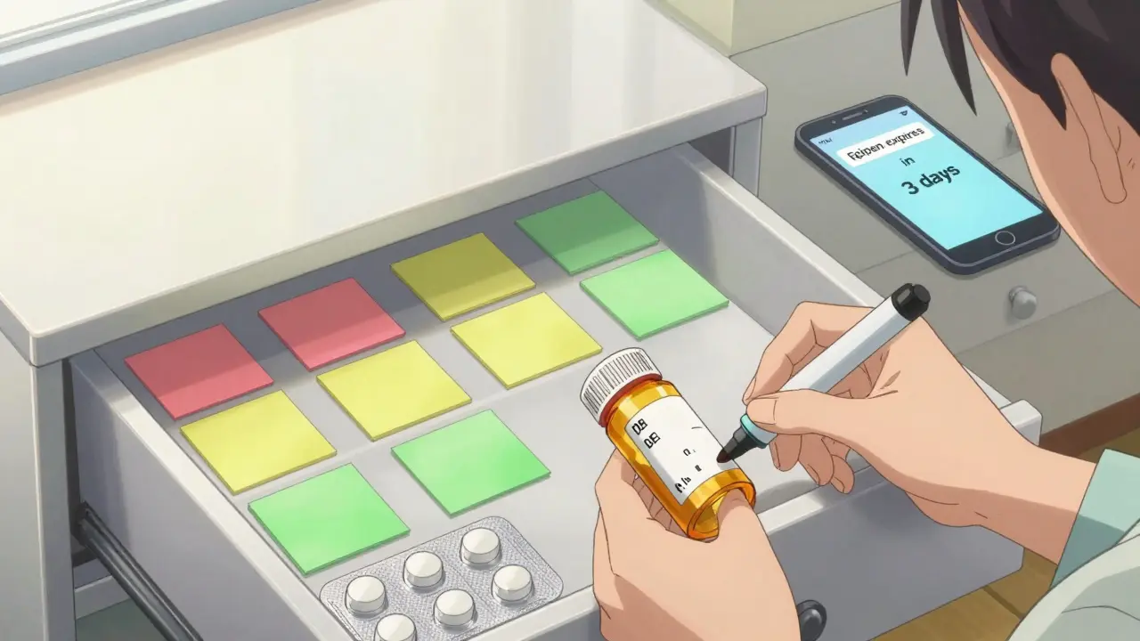 A neatly organized medicine drawer with color-coded labels and a smartphone reminder for an expiring EpiPen.