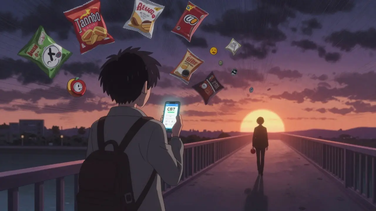 A person walking toward sunrise on a bridge, leaving behind a storm of food triggers, holding an apple as a symbol of mindful choice.