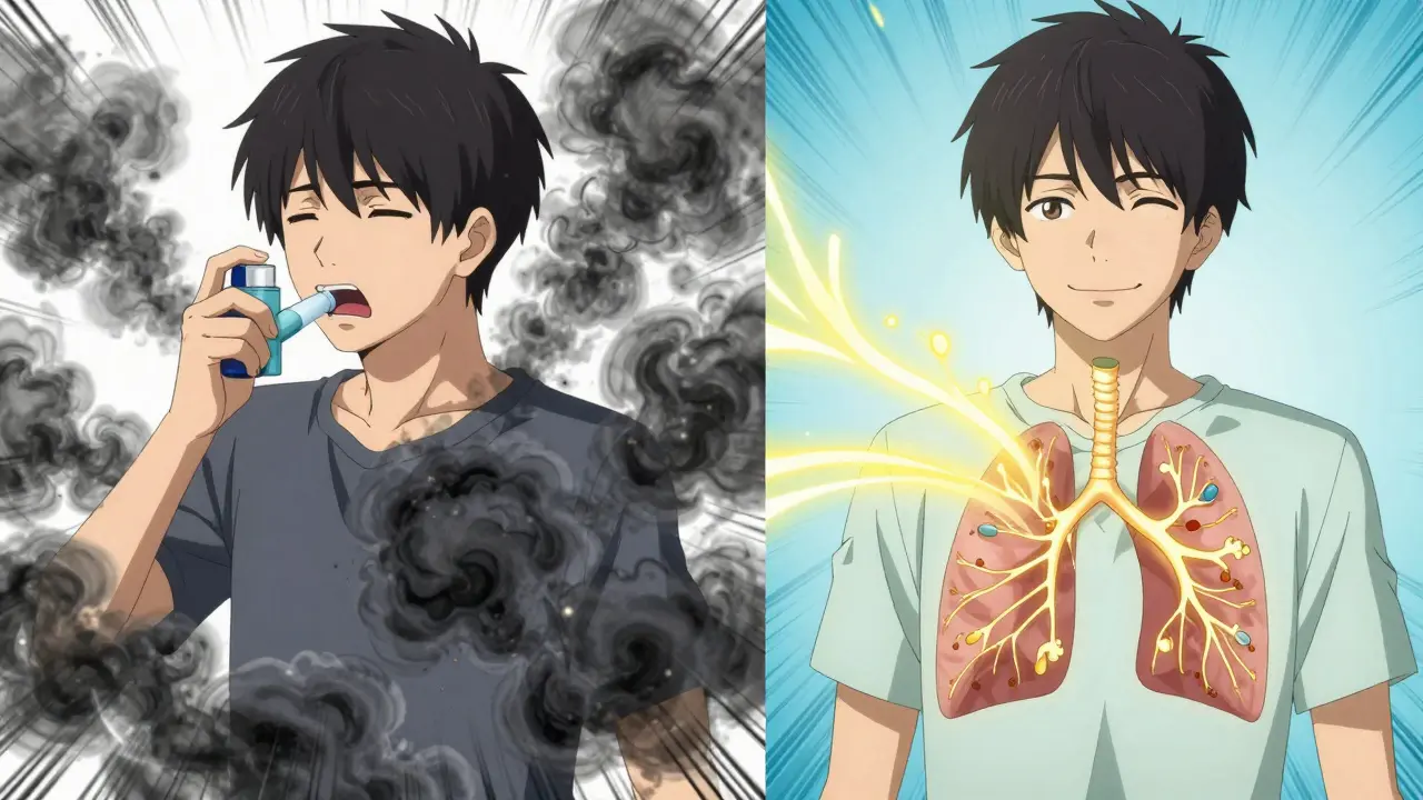 A teen experiences an asthma attack on one side, then breathes easily on the other, showing lung inflammation dissolving into light after montelukast use.