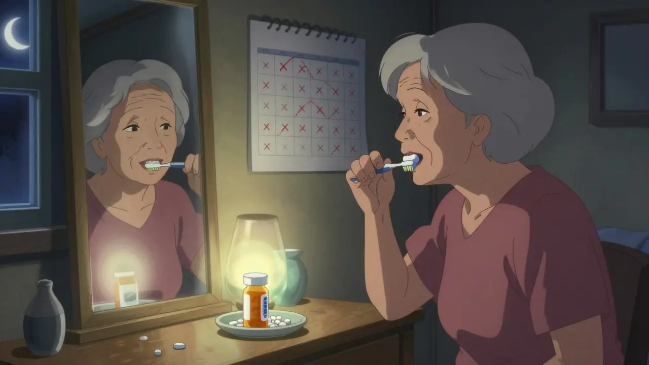 An elderly woman taking nighttime pills next to her toothbrush, with a calendar full of checkmarks.