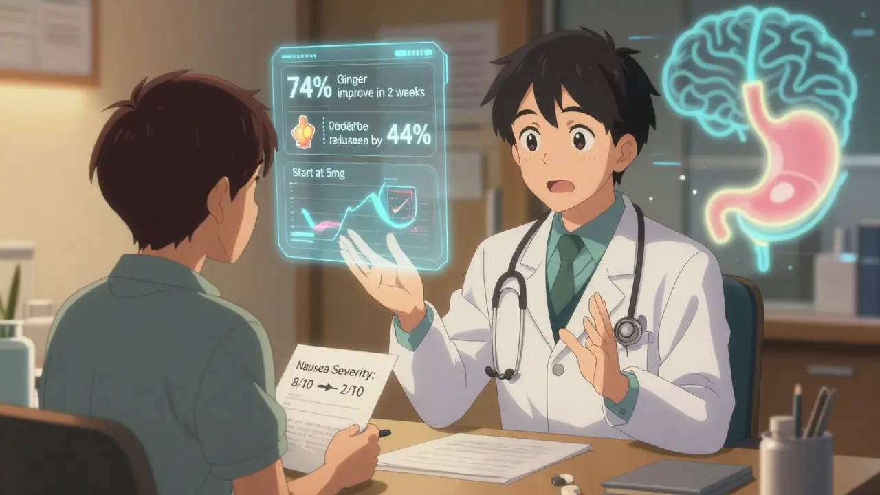 Doctor and patient reviewing nausea improvement chart with floating clinical data visuals.