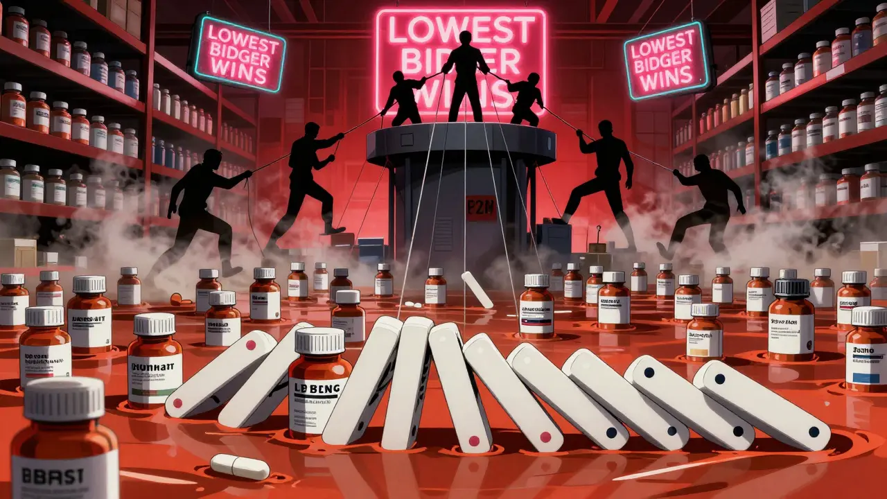 Dozens of generic pill bottles flood a warehouse as PBMs pull strings to force prices lower in a winner-take-all system.