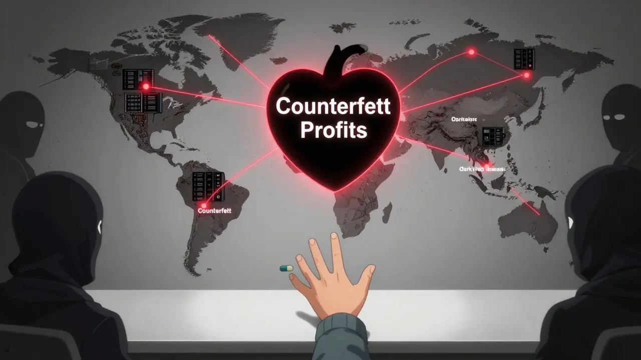 Global network of fake pharmacies feeds a black heart, while a child reaches for one real pill amid shadows.