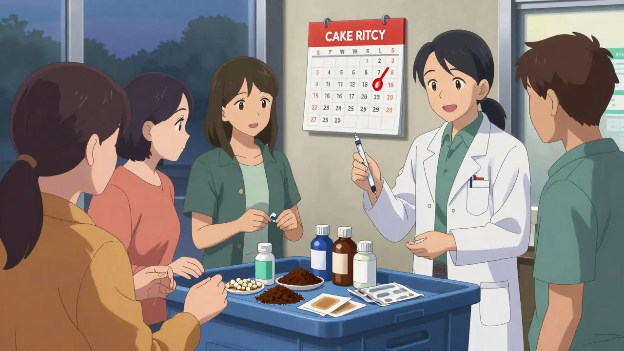 People disposing of expired medications at a pharmacy take-back bin while a pharmacist hands out a replacement.