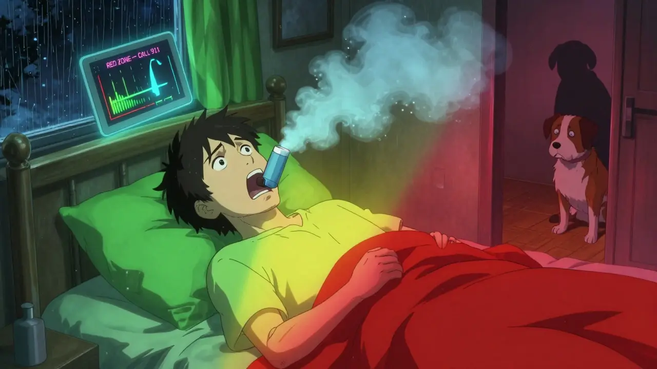 Person in panic during asthma attack with color-coded zones and rescue inhaler glowing blue.