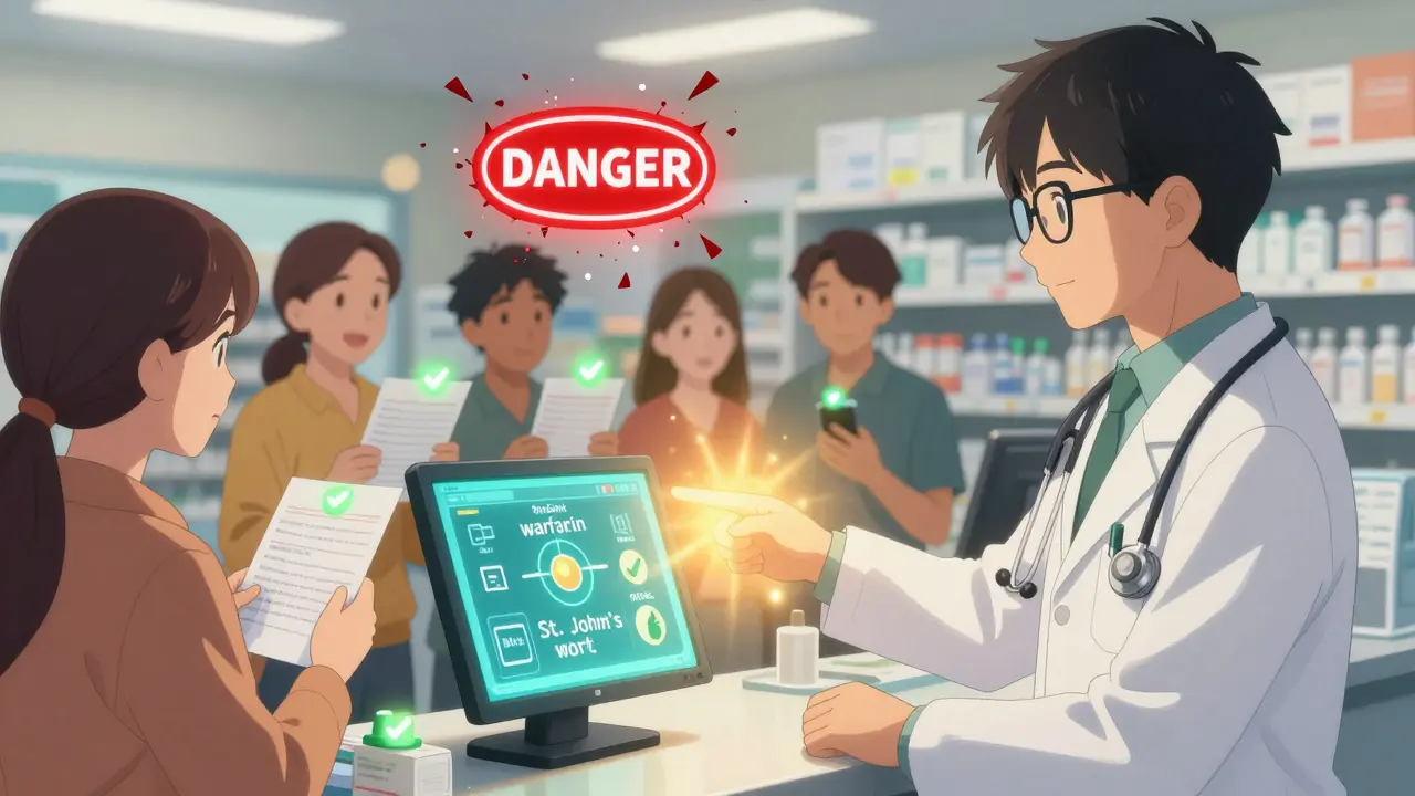 Pharmacist alerting a patient about dangerous drug interaction on a digital screen.